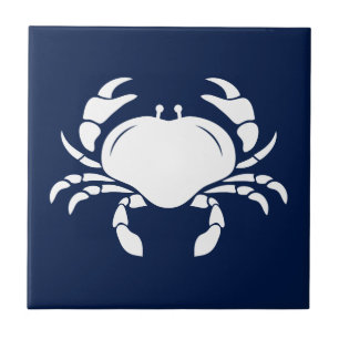 White Crab on Blue Ceramic Tile