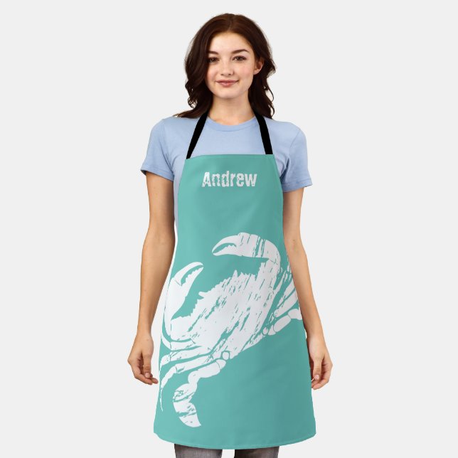 White Crab on Teal Blue Weathered Look Seafood Apron (Worn)