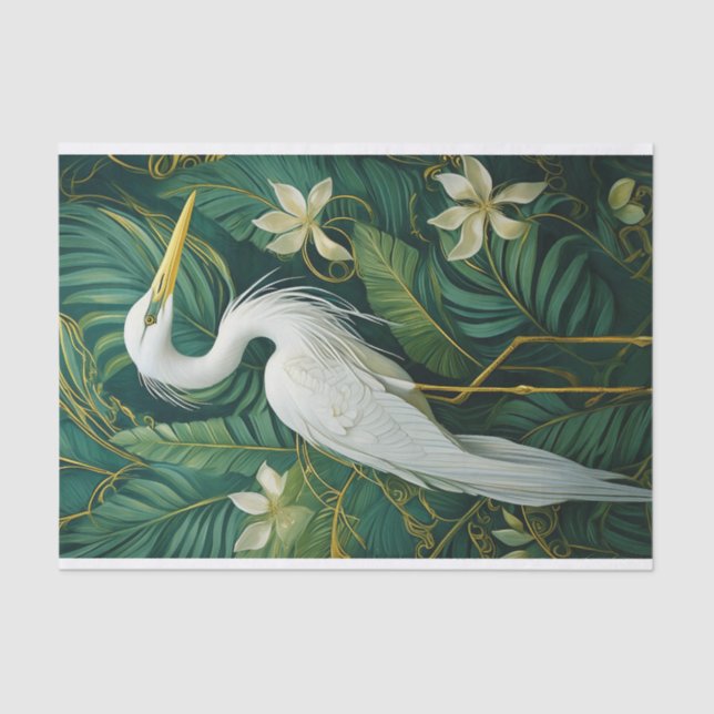 White Crane and Gardenias, Elegant Tropical Tissue Paper (Front)