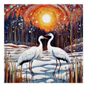 White Cranes in winter sunset Poster