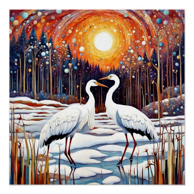 White Cranes in winter sunset Poster (Front)