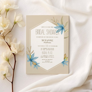 White cream blue terrarium flower Bridal Shower Invitation