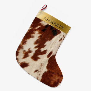 White Cream Brown Southwest Cowhide Name Large Christmas Stocking