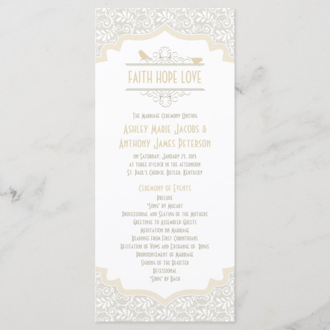 White Cream Champagne Lace Birds Wedding Program Programme (Front)