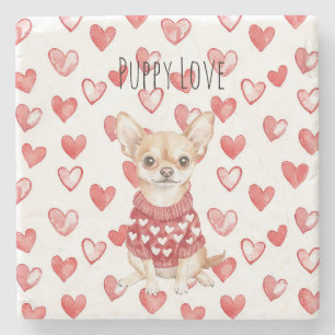 White Cream Chihuahua Dog Red Hearts Stone Coaster