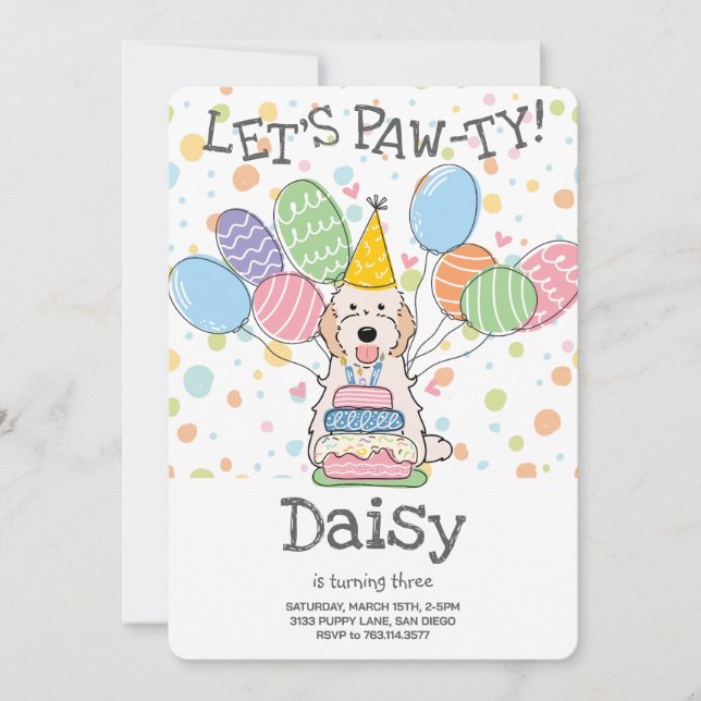 White Cream Cockapoo Cavapoo Dog Birthday Party Invitation (Front)