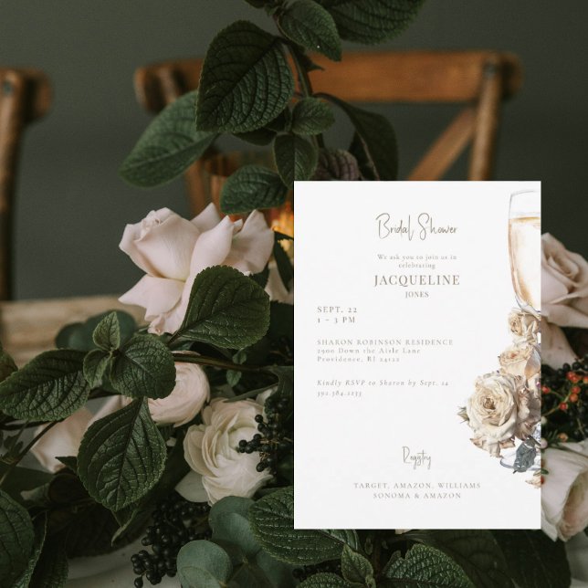 White & Cream Dried Roses Champagne Bridal Shower Invitation (Creator Uploaded)