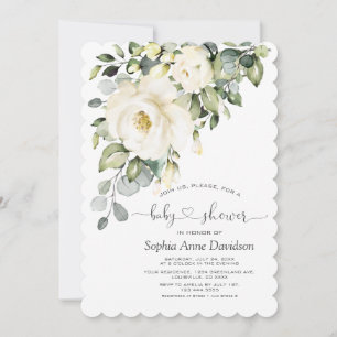 White Cream Floral Handwritten Script Baby Shower Invitation