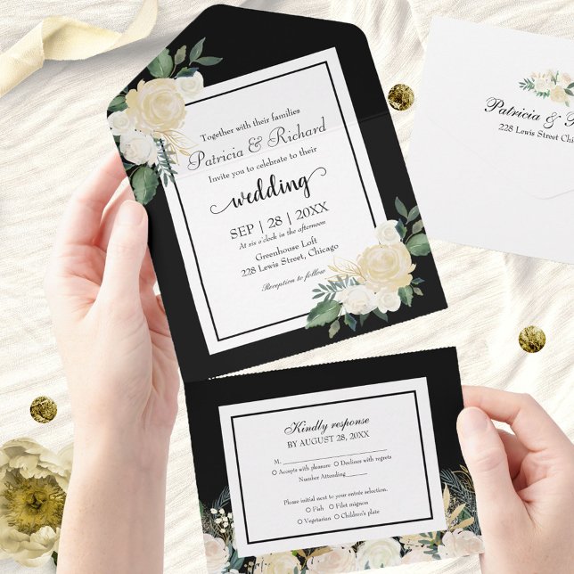 White Cream Floral On Black Elegant Wedding All In One Invitation (Creator Uploaded)