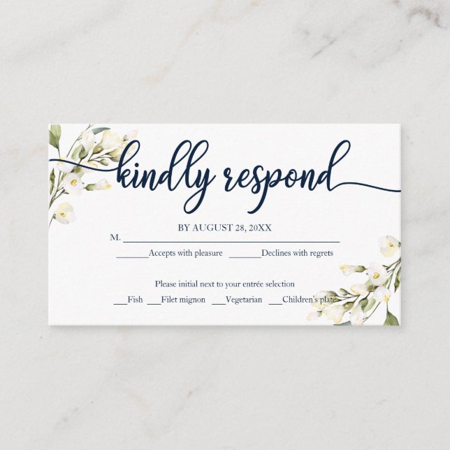 White Cream Floral Wedding RSVP Navy Blue Enclosure Card (Front)