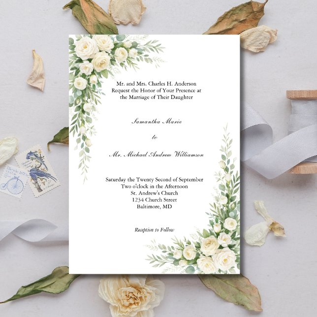 White Cream Florals Traditional Church Wedding Invitation (White Cream Roses and Watercolor Florals Traditional Church Wedding Invitation)
