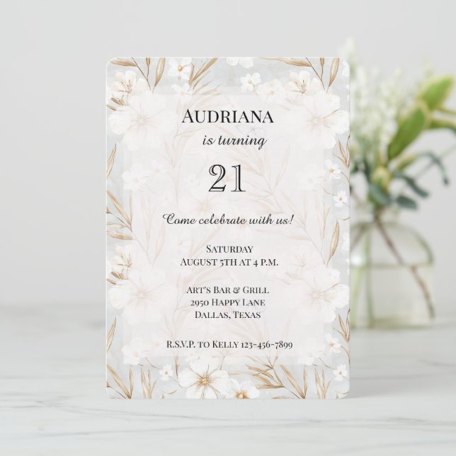 White Cream Flowers Blue Butterflies Birthday Invitation (Standing Front)