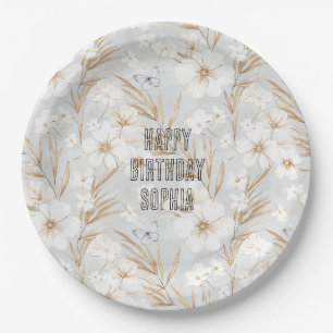 White Cream Flowers Blue Butterflies Birthday Paper Plate
