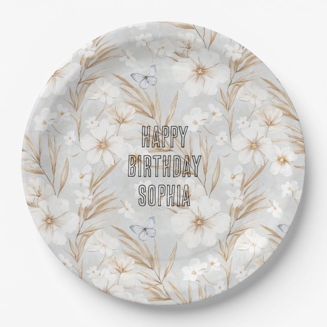 White Cream Flowers Blue Butterflies Birthday Paper Plate (Front)