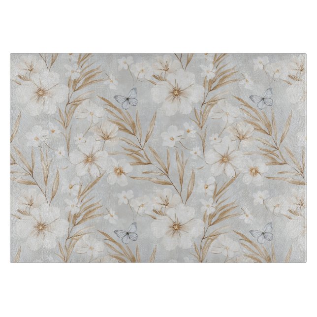 White Cream Flowers Blue Butterflies Bridal Shower Cutting Board (Front)