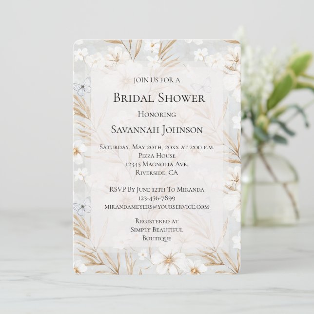 White Cream Flowers Blue Butterflies Bridal Shower Invitation (Standing Front)