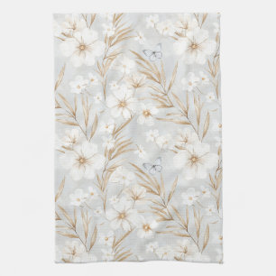 White Cream Flowers Blue Butterflies Bridal Shower Tea Towel