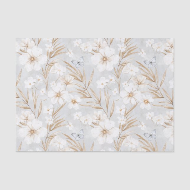 White Cream Flowers Blue Butterflies Bridal Shower Tissue Paper (Front)