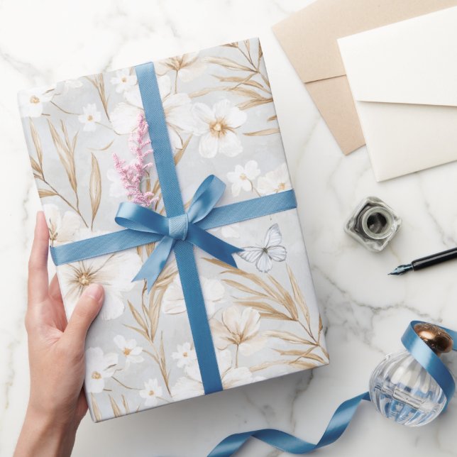 White Cream Flowers Blue Butterflies Bridal Shower Wrapping Paper (Gifting)