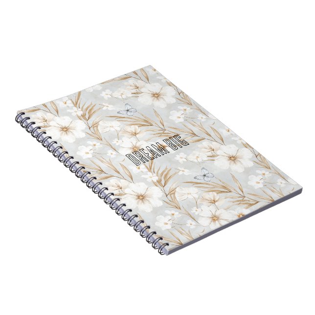 White Cream Flowers Blue Butterflies Notebook (Right Side)