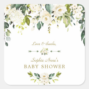White Cream Flowers Gold Baby Shower Square Sticker