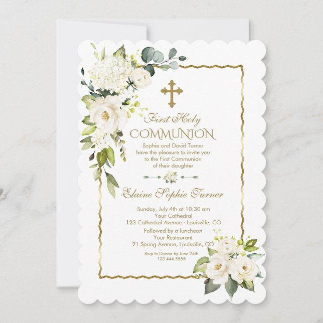White Cream Flowers Gold First Holy Communion Invitation (Front)