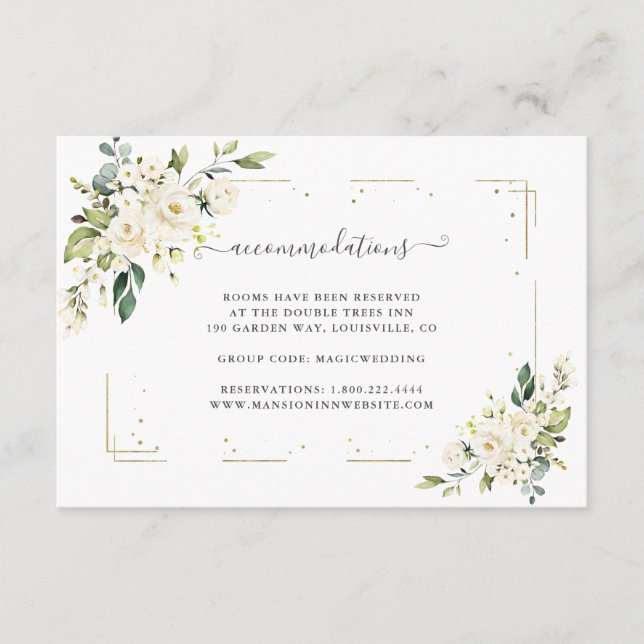 White Cream Flowers Gold Wedding Accommodations Enclosure Card (Front)