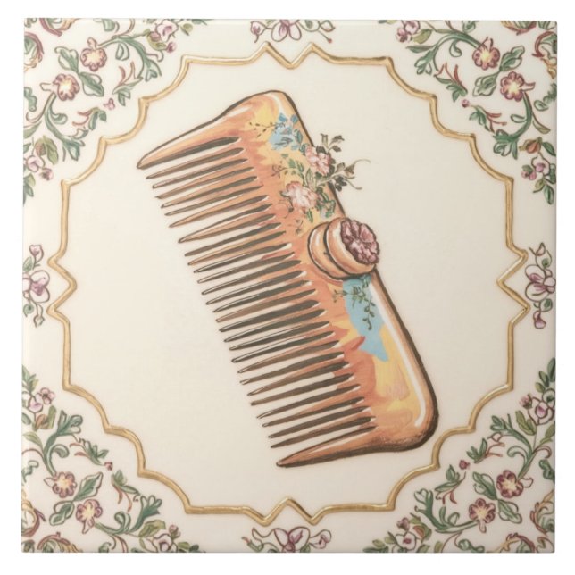 White Cream & Gold Hair Comb Funny Salon Bathroom Tile (Front)