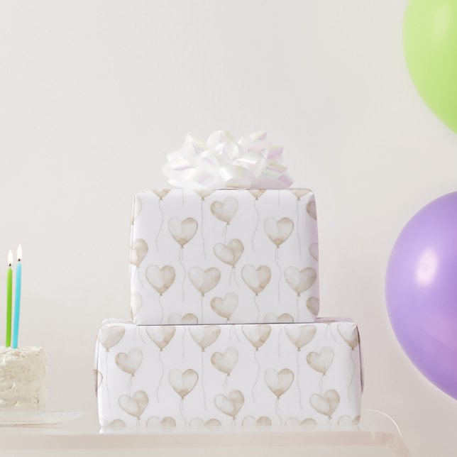 White Cream Heart Balloons Birthday Wrapping Paper (Party Gifts)