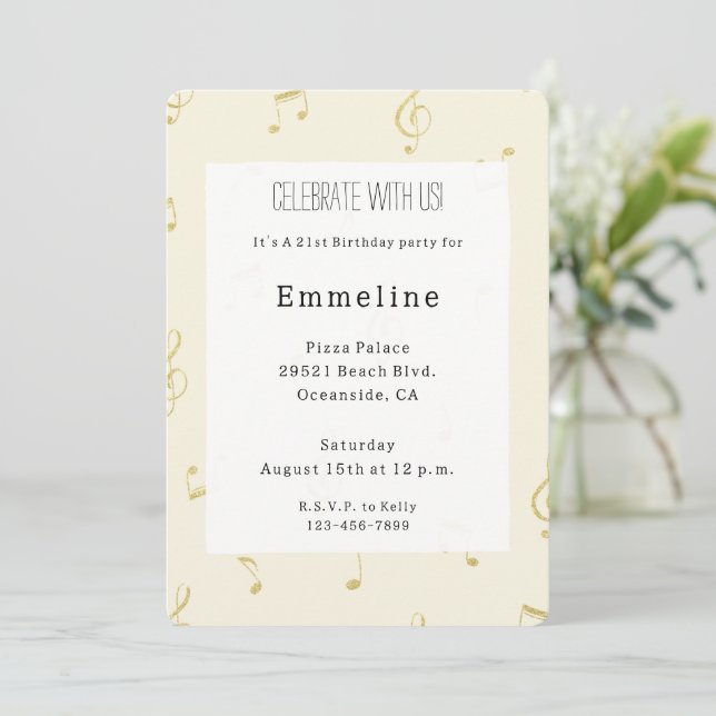 White Cream Music Notes Gold Glitzy Birthday   Invitation (Standing Front)