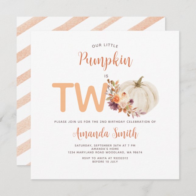 White Cream Orange Pumpkin Is Two Birthday Floral Invitation (Front/Back)