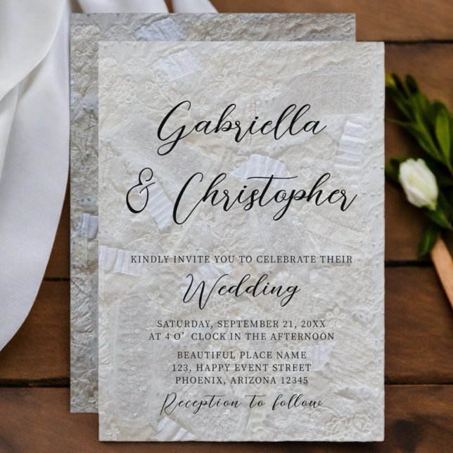 White cream pattern black calligraphy wedding  invitation (Creator Uploaded)