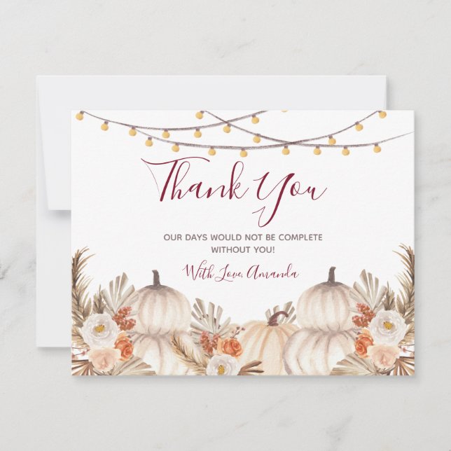 White Cream Pumpkin Floral Bridal & Baby Shower Thank You Card (Front)