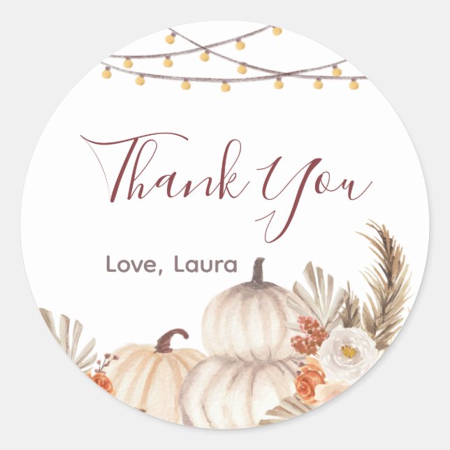 White Cream Pumpkin Rustic Floral Thank You Classic Round Sticker (Front)