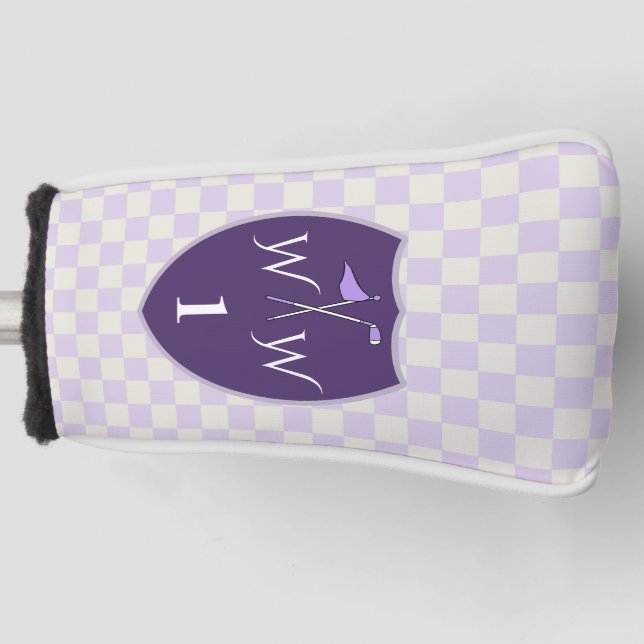 White Cream & Purple chequered & Monogram & Number Golf Head Cover (Front)