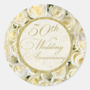 White cream roses 50th Wedding Anniversary Classic Round Sticker