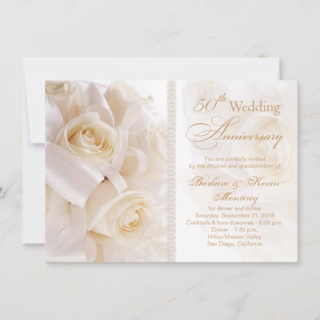 White cream roses 50th Wedding Anniversary Invitation (Front)