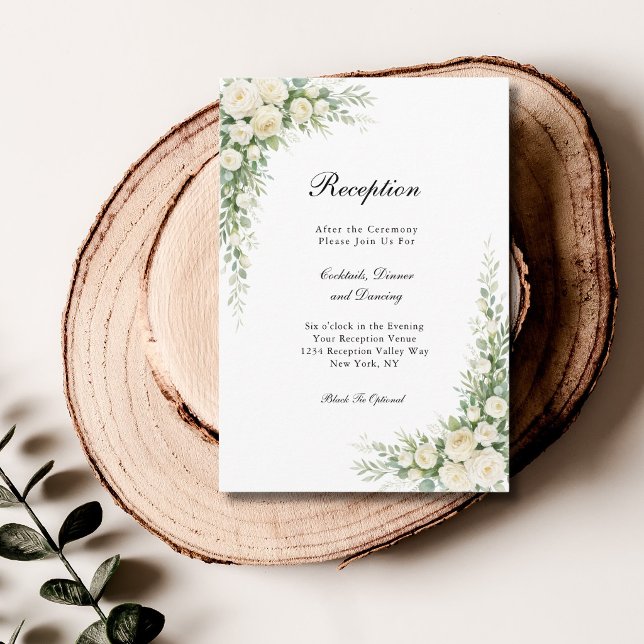 White Cream Roses Floral Wedding Reception  Enclosure Card (White Cream Watercolor Roses Wedding Reception Enclosure card)