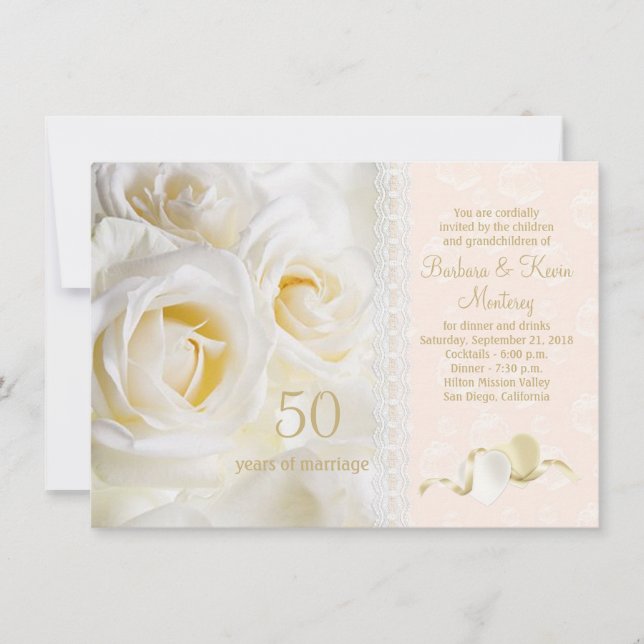 White cream roses, hearts 50th Wedding Anniversary Invitation (Front)