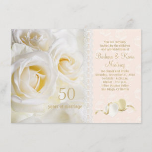 White cream roses, hearts 50th Wedding Anniversary Invitation