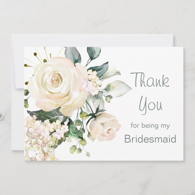 White cream roses, hydrangea Bridesmaid Thank You (Front)