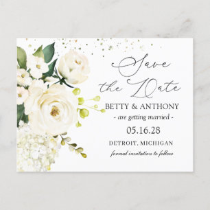 White Cream Roses Hydrangea Wedding Save the Date  Announcement Postcard