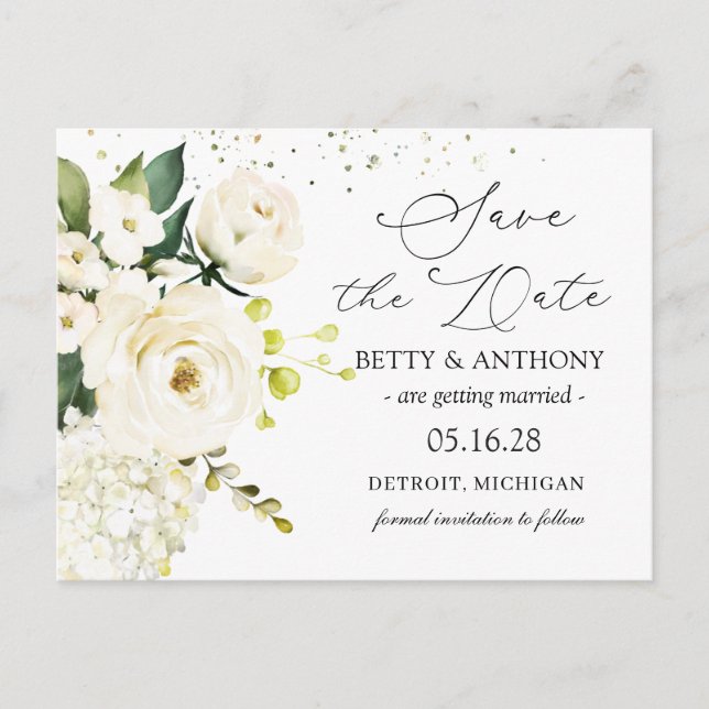 White Cream Roses Hydrangea Wedding Save the Date  Announcement Postcard (Front)