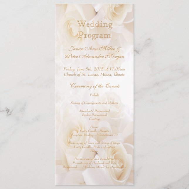 White cream roses Wedding program Programme (Front)
