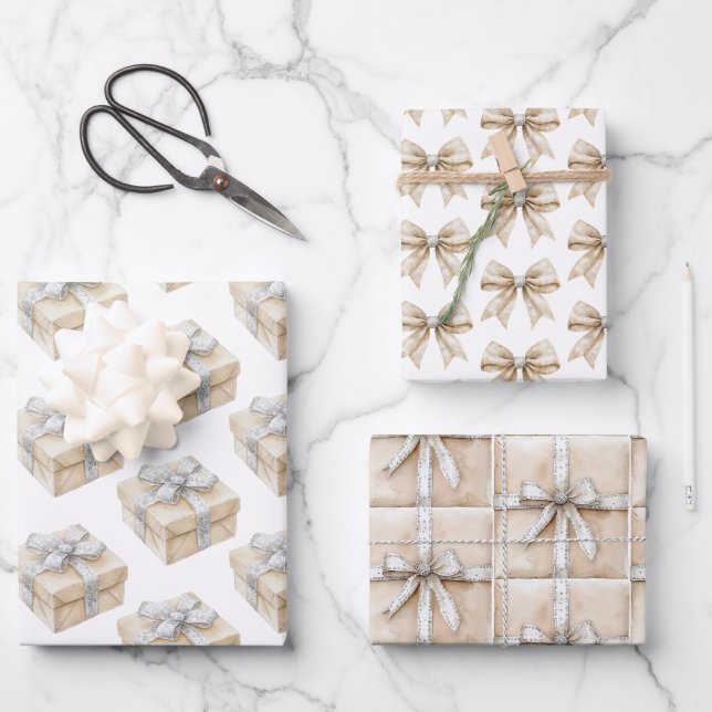 White Cream Silver Sparkle Bows Gifts Christmas Wrapping Paper Sheet (Front)