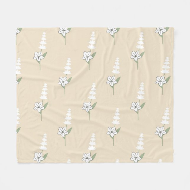 White Cream Tropical Floral Botanical Summer Fleece Blanket (Front (Horizontal))