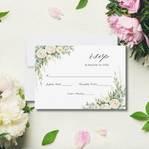 White Cream Watercolor Florals Roses Wedding RSVP Card