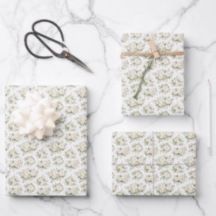 White Cream Watercolor Florals Wedding Bridal  Wrapping Paper Sheet