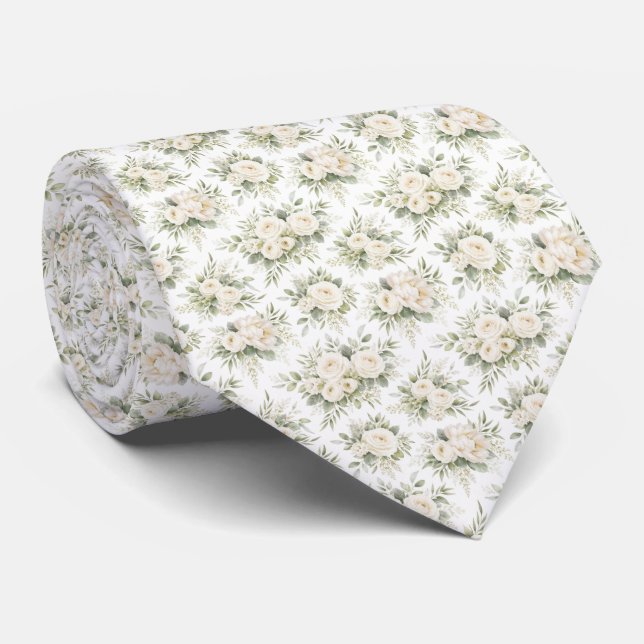 White Cream Watercolor Florals Wedding Groomsmen  Tie (Rolled)