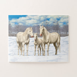 White Cremello Quarter Horses In Snow Jigsaw Puzzle